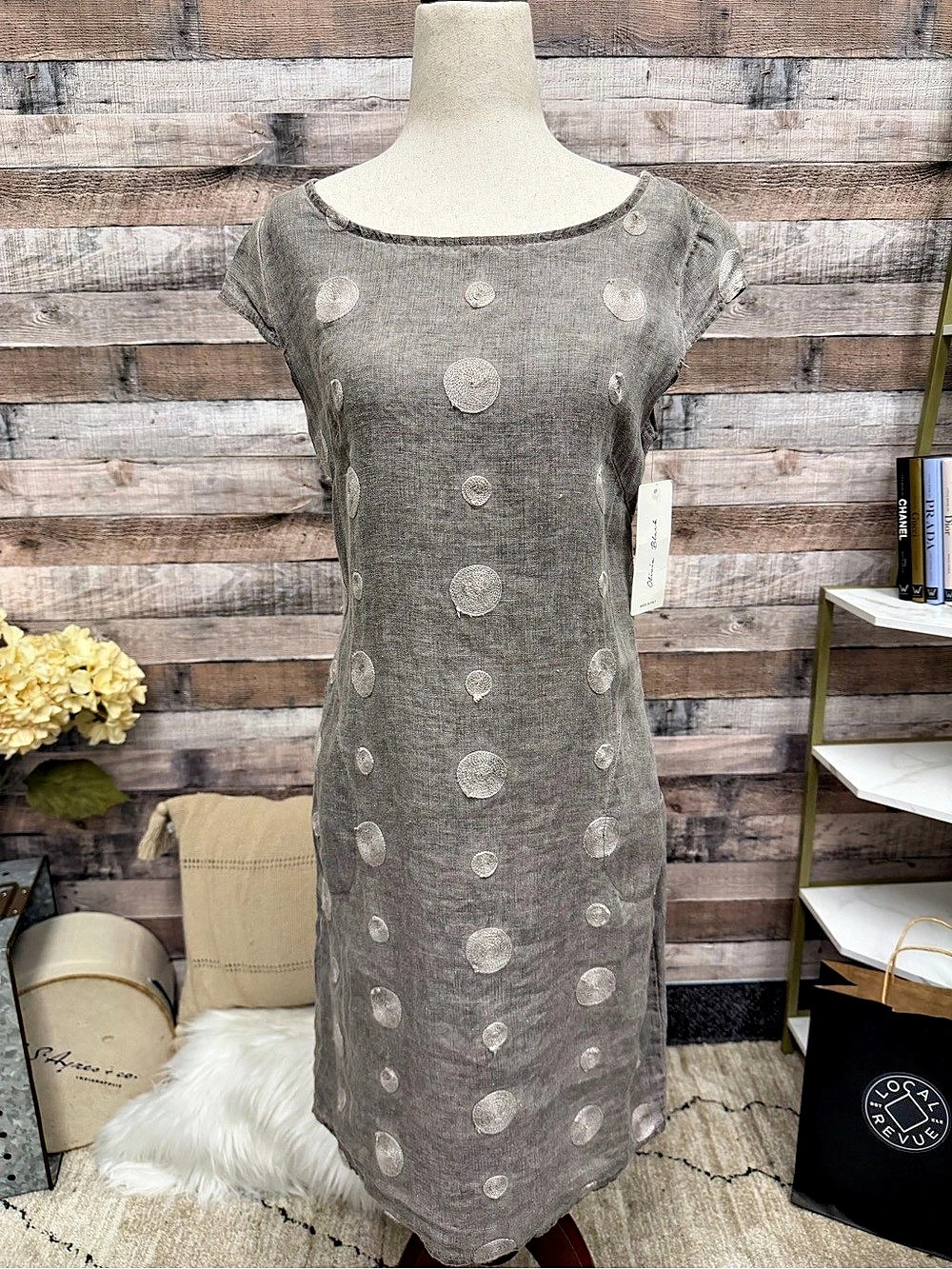Olivia Black NWT 100% linen taupe embroidered dot dress S